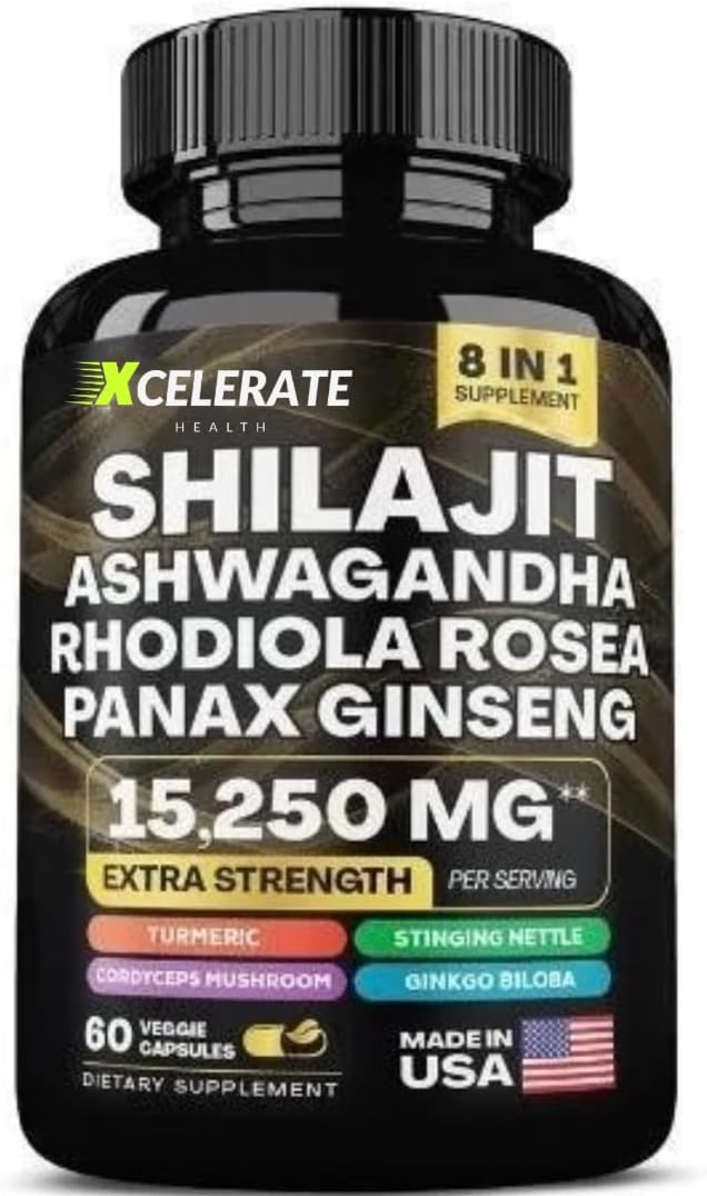 Xcelerate Health Holistic Harmony Shilajit & Ashwagandha Blend with Ginseng, Cordyceps, Turmeric - 60 Capsules for Energy & Wellness