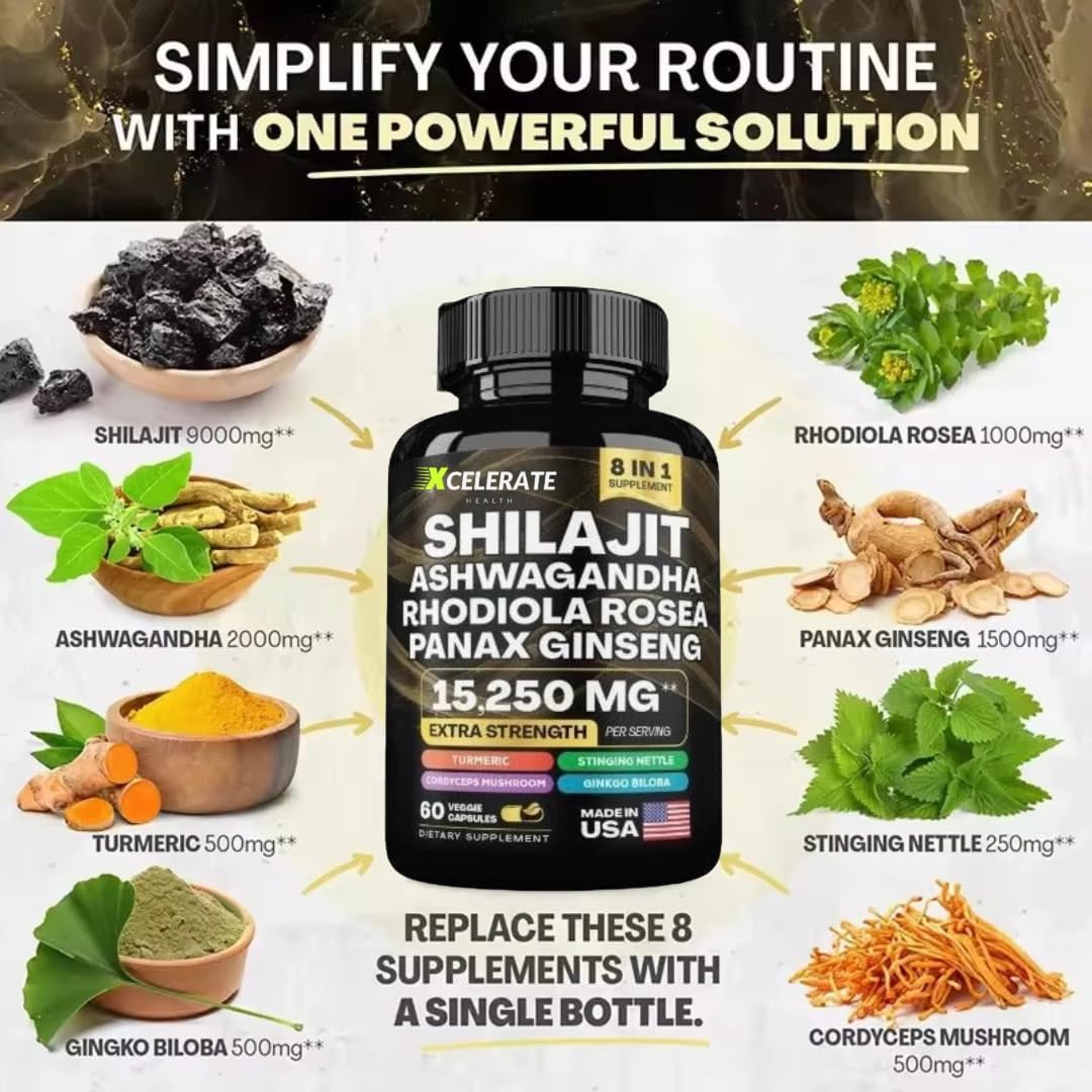 Xcelerate Health Holistic Harmony Shilajit & Ashwagandha Blend with Ginseng, Cordyceps, Turmeric - 60 Capsules for Energy & Wellness