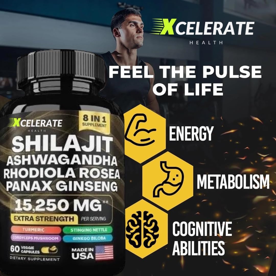 Xcelerate Health Holistic Harmony Shilajit & Ashwagandha Blend with Ginseng, Cordyceps, Turmeric - 60 Capsules for Energy & Wellness