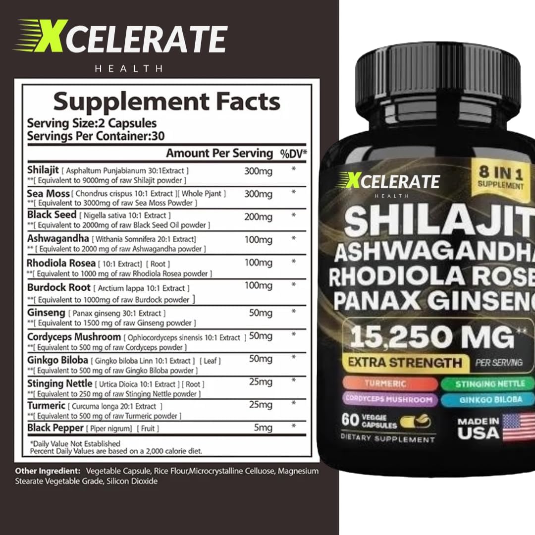 Xcelerate Health Holistic Harmony Shilajit & Ashwagandha Blend with Ginseng, Cordyceps, Turmeric - 60 Capsules for Energy & Wellness