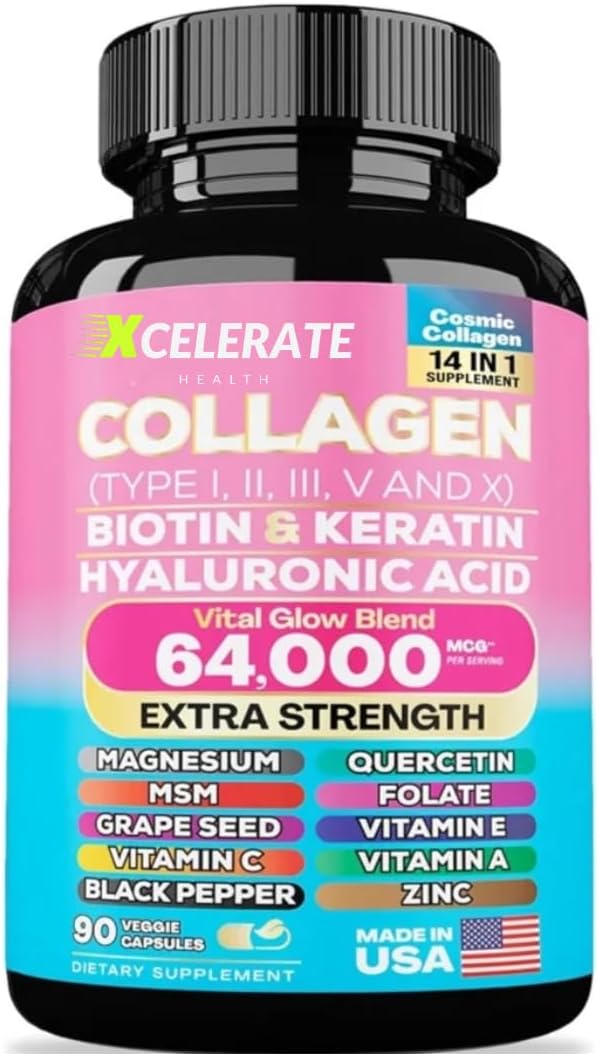 Xcelerate Health Vital Glow Blend with Collagen Peptides, Biotin, Keratin, Hyaluronic Acid, MSM, Vitamins, and Minerals (90 Caps)