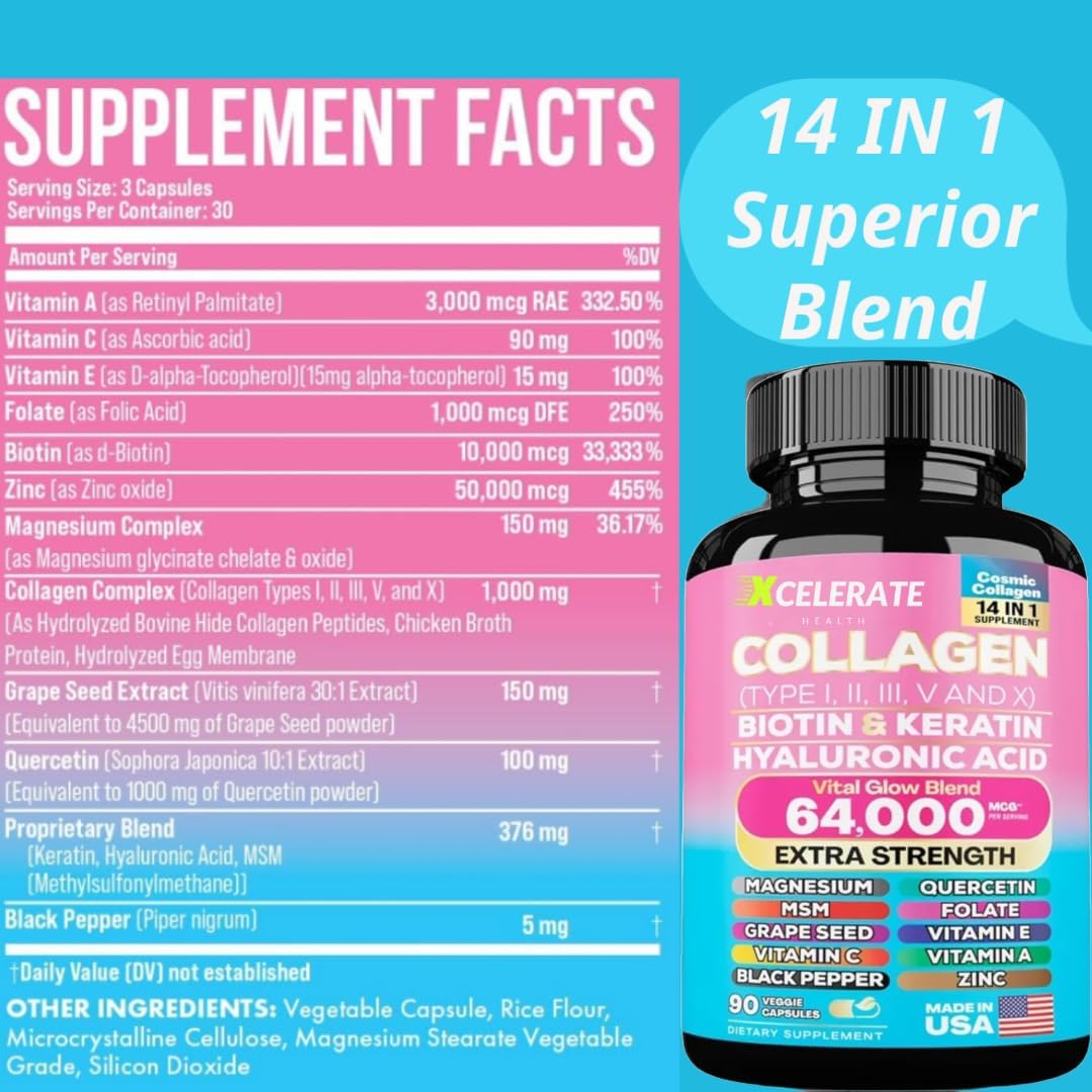 Xcelerate Health Vital Glow Blend with Collagen Peptides, Biotin, Keratin, Hyaluronic Acid, MSM, Vitamins, and Minerals (90 Caps)