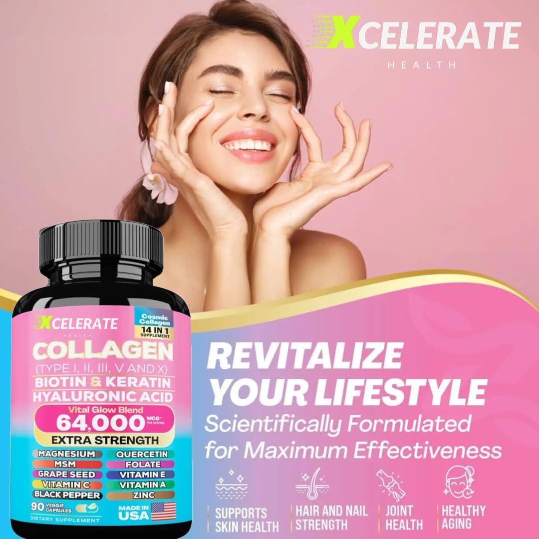 Xcelerate Health Vital Glow Blend with Collagen Peptides, Biotin, Keratin, Hyaluronic Acid, MSM, Vitamins, and Minerals (90 Caps)
