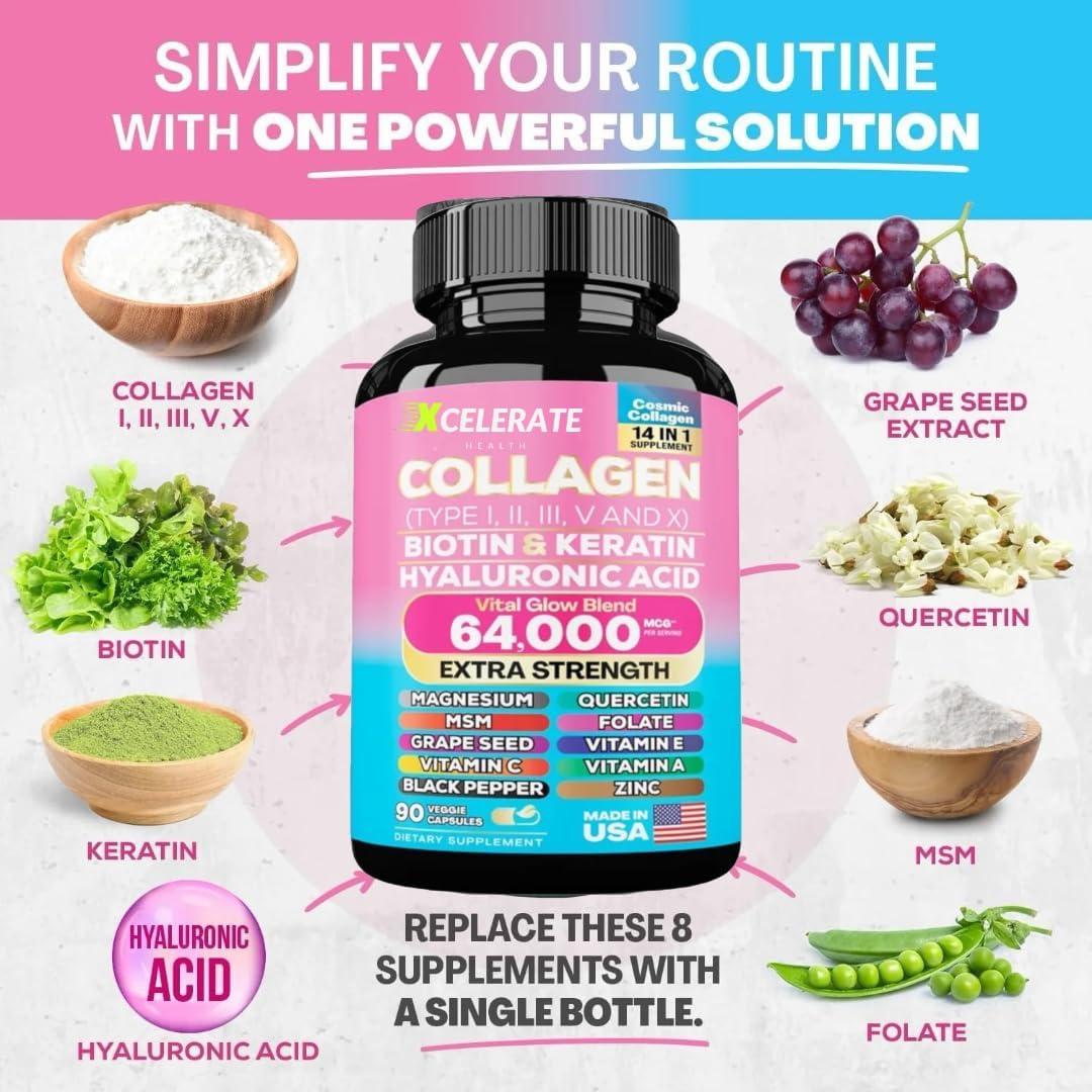 Xcelerate Health Vital Glow Blend with Collagen Peptides, Biotin, Keratin, Hyaluronic Acid, MSM, Vitamins, and Minerals (90 Caps)