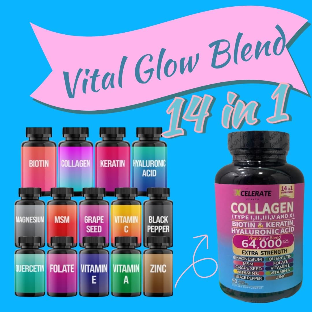 Xcelerate Health Vital Glow Blend with Collagen Peptides, Biotin, Keratin, Hyaluronic Acid, MSM, Vitamins, and Minerals (90 Caps)