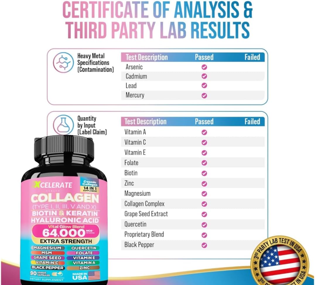 Xcelerate Health Vital Glow Blend with Collagen Peptides, Biotin, Keratin, Hyaluronic Acid, MSM, Vitamins, and Minerals (90 Caps)