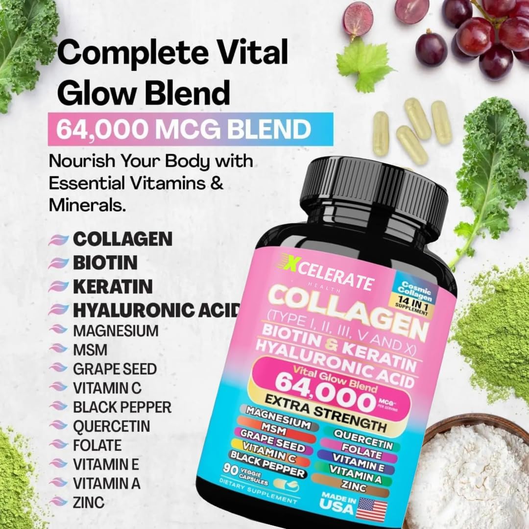 Xcelerate Health Vital Glow Blend with Collagen Peptides, Biotin, Keratin, Hyaluronic Acid, MSM, Vitamins, and Minerals (90 Caps)