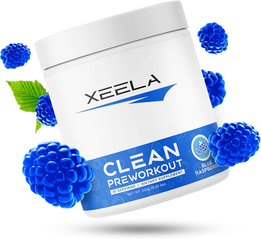 XEELA Clean Pre Workout Powder - Jitter Free, Safe & Natural Energy Boost - Enhance Focus & Endurance with Creatine, Organic Caffeine & Citrulline - Blue Raspberry Flavor