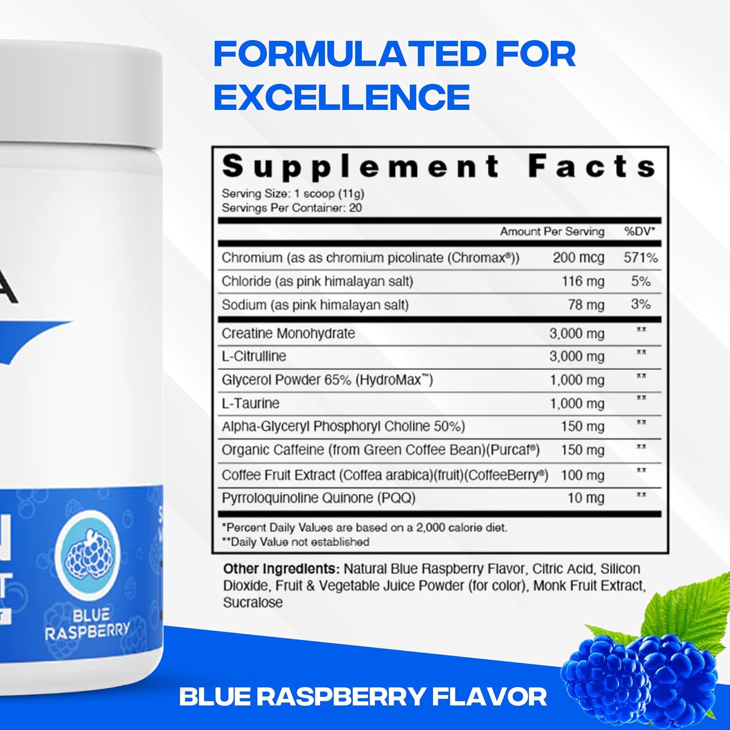 XEELA Clean Pre Workout Powder - Jitter Free, Safe & Natural Energy Boost - Enhance Focus & Endurance with Creatine, Organic Caffeine & Citrulline - Blue Raspberry Flavor