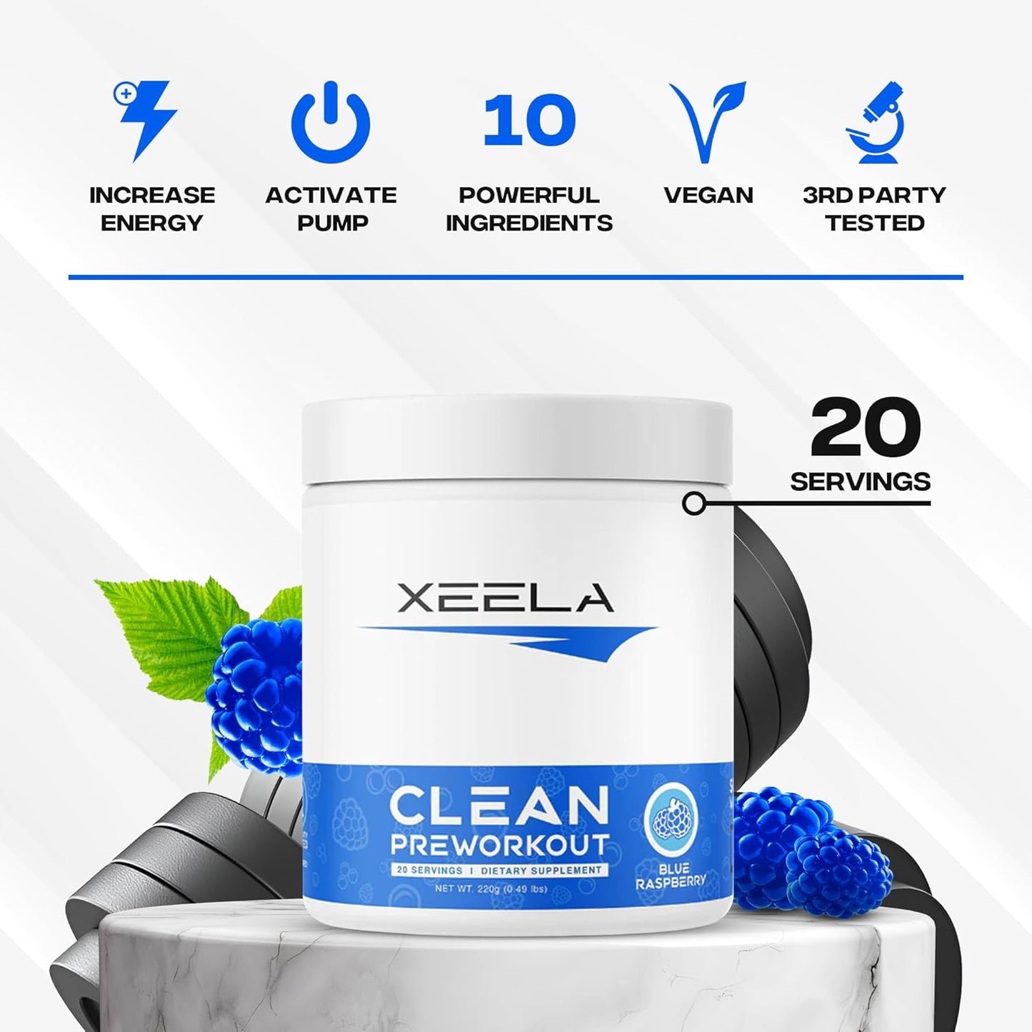 XEELA Clean Pre Workout Powder - Jitter Free, Safe & Natural Energy Boost - Enhance Focus & Endurance with Creatine, Organic Caffeine & Citrulline - Blue Raspberry Flavor