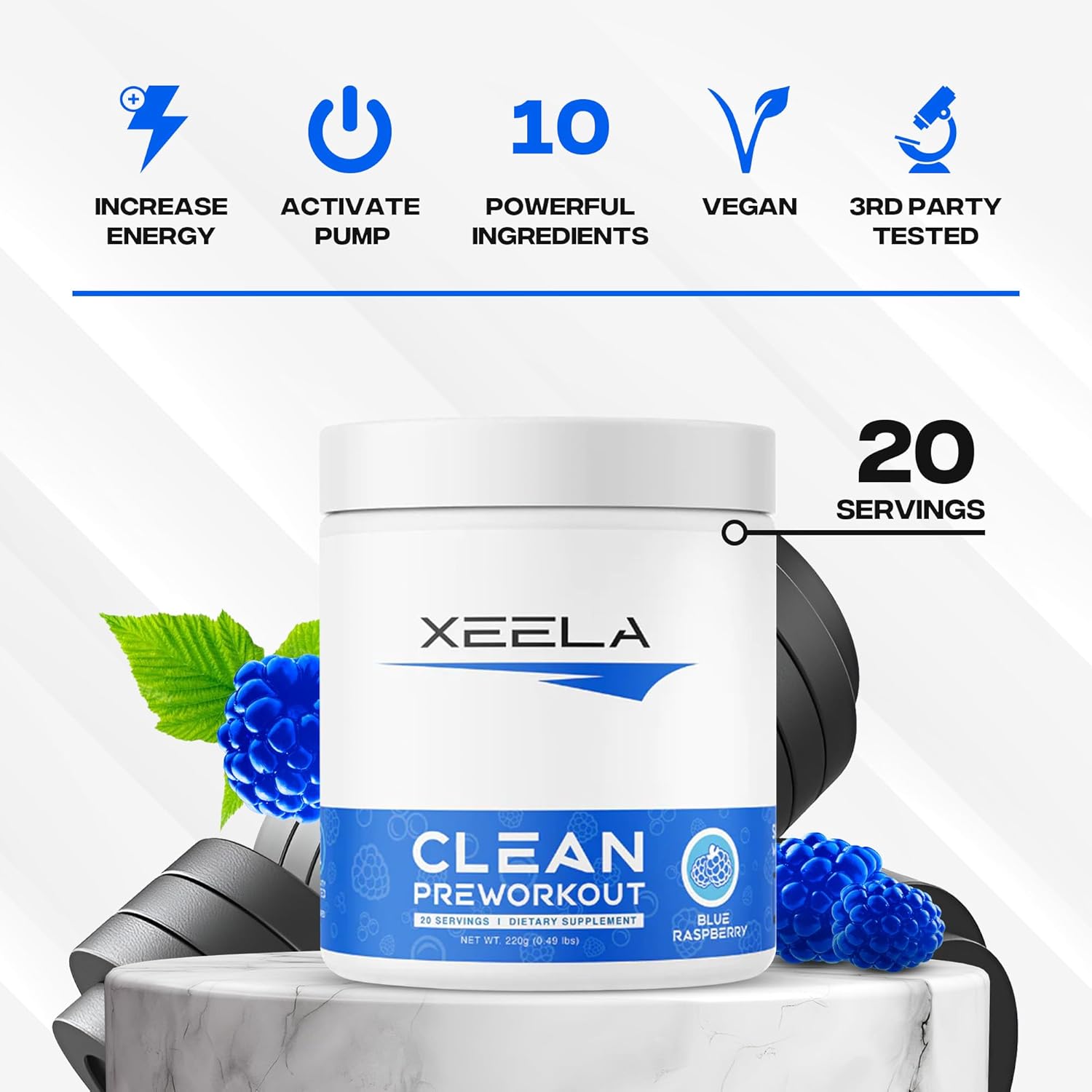XEELA Clean Pre Workout Powder - Jitter Free, Safe & Natural Energy Boost - Enhance Focus & Endurance with Creatine, Organic Caffeine & Citrulline - Blue Raspberry Flavor