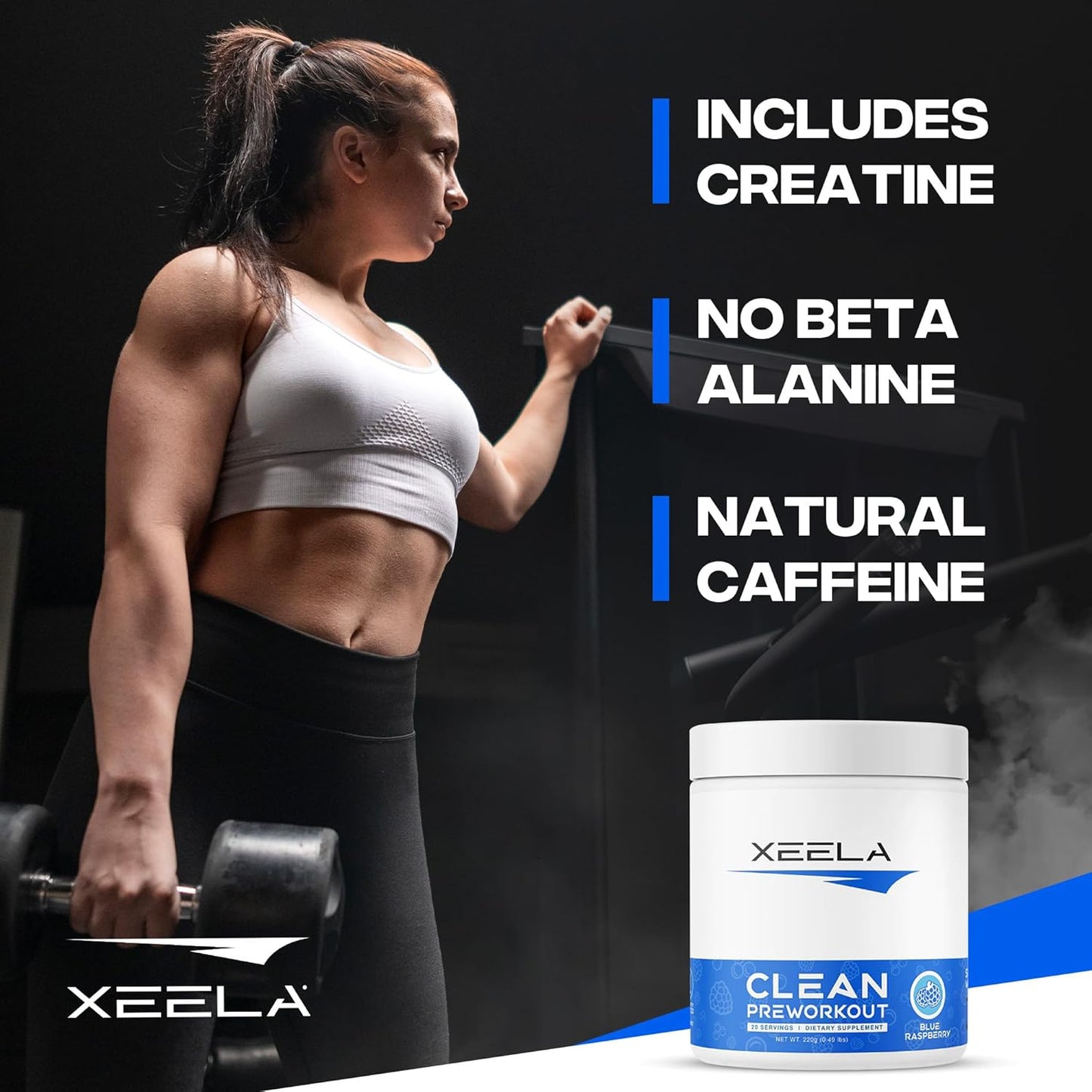 XEELA Clean Pre Workout Powder - Jitter Free, Safe & Natural Energy Boost - Enhance Focus & Endurance with Creatine, Organic Caffeine & Citrulline - Blue Raspberry Flavor