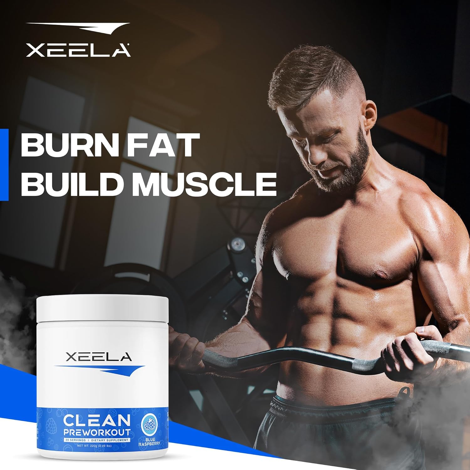 XEELA Clean Pre Workout Powder - Jitter Free, Safe & Natural Energy Boost - Enhance Focus & Endurance with Creatine, Organic Caffeine & Citrulline - Blue Raspberry Flavor