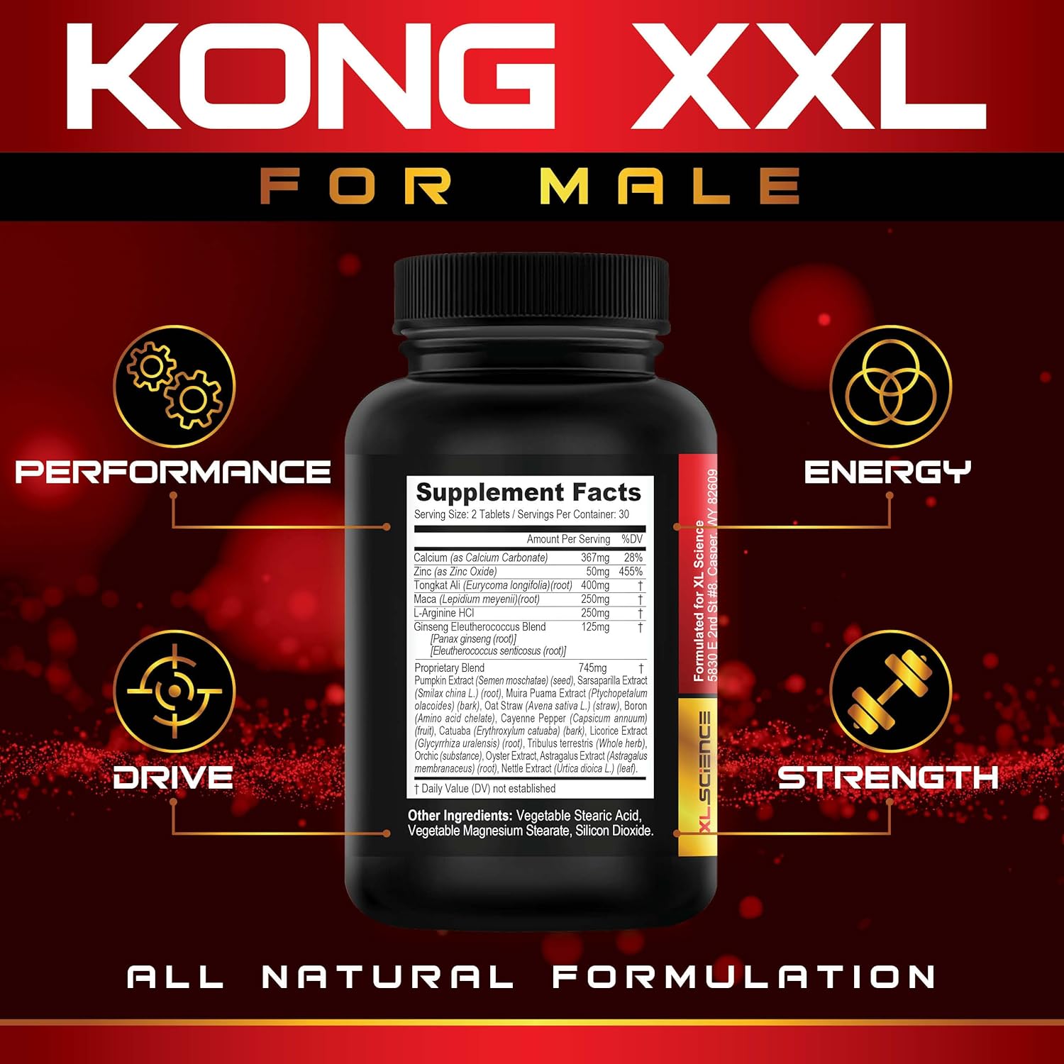 XL Science Kong XXL Male Enhancement Pills - Increase Size, Drive, Strength, and Endurance - Boost Performance - 60 Tablets