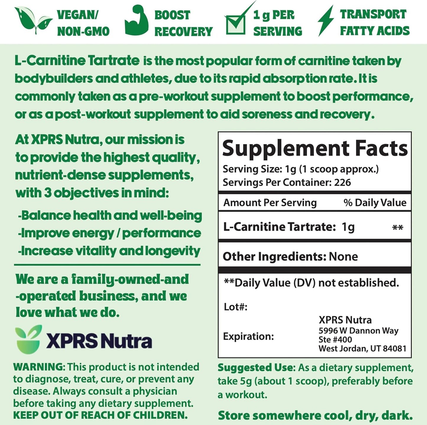 XPRS Nutra L Carnitine L Tartrate Powder - Premium Pure L Carnitine Tartrate - L-Carnitine Powder - Vegan Friendly Bulk L Carnitine Powder - Amino Acid L Carnitine Supplement (8 Ounce)
