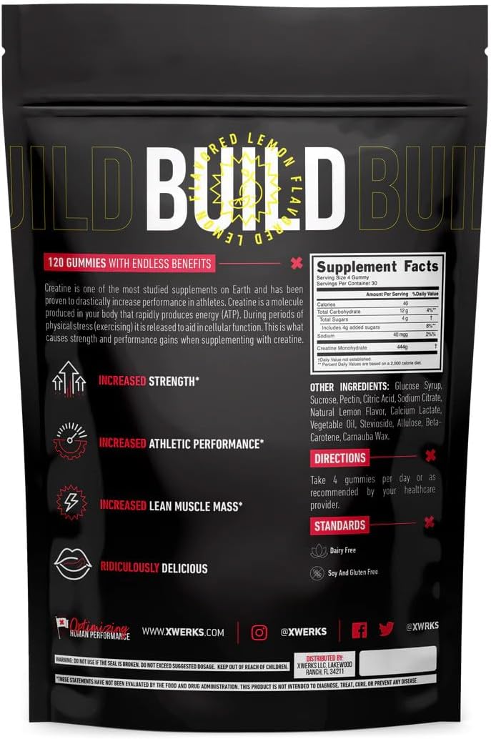 Xwerks Build Creatine Gummies: 120 Count Lemon Flavored Muscle Building Gummy with 100% Pure Creatine Monohydrate for Men & Women - Pre Workout Anti-Melting Formula (4g per Serving)