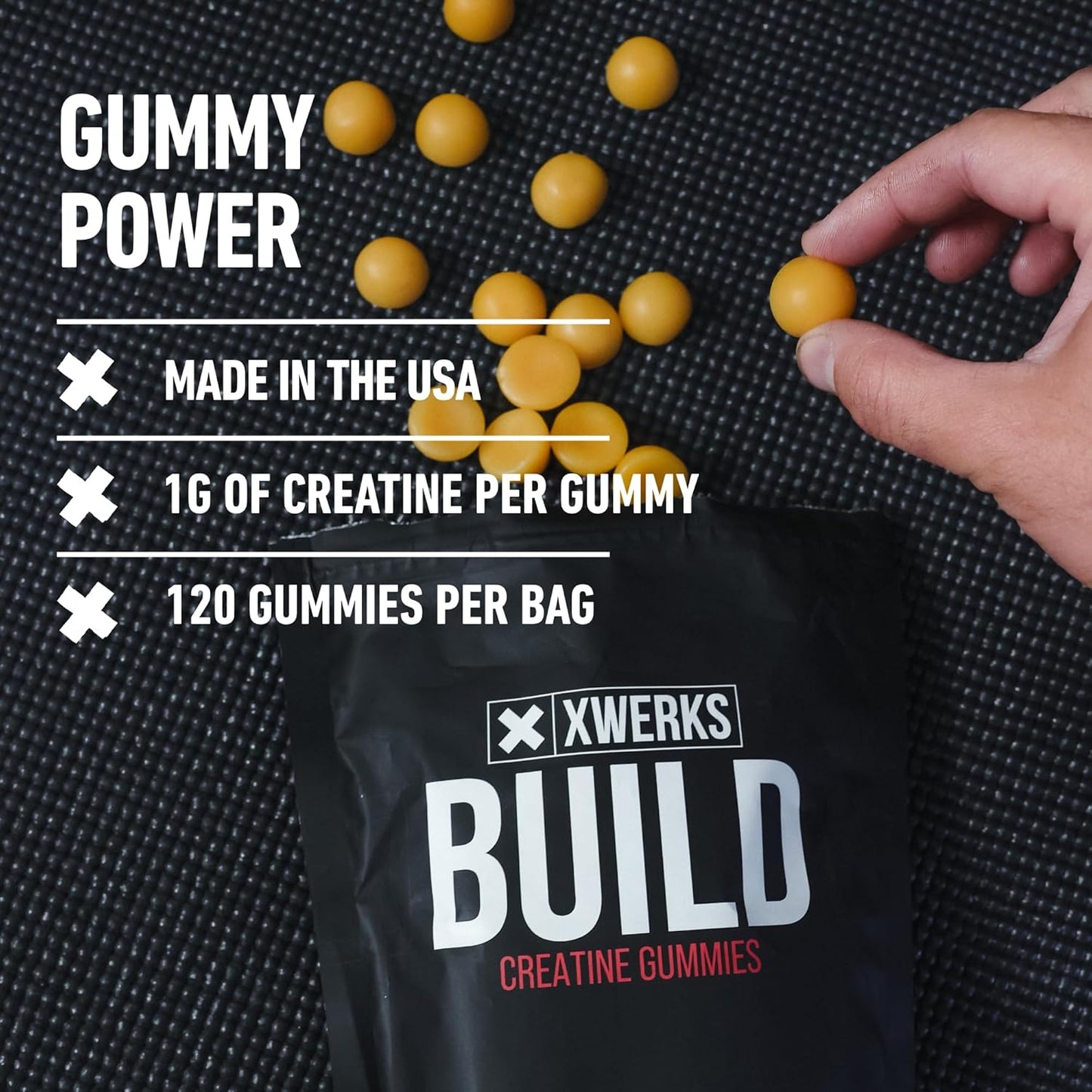 Xwerks Build Creatine Gummies: 120 Count Lemon Flavored Muscle Building Gummy with 100% Pure Creatine Monohydrate for Men & Women - Pre Workout Anti-Melting Formula (4g per Serving)
