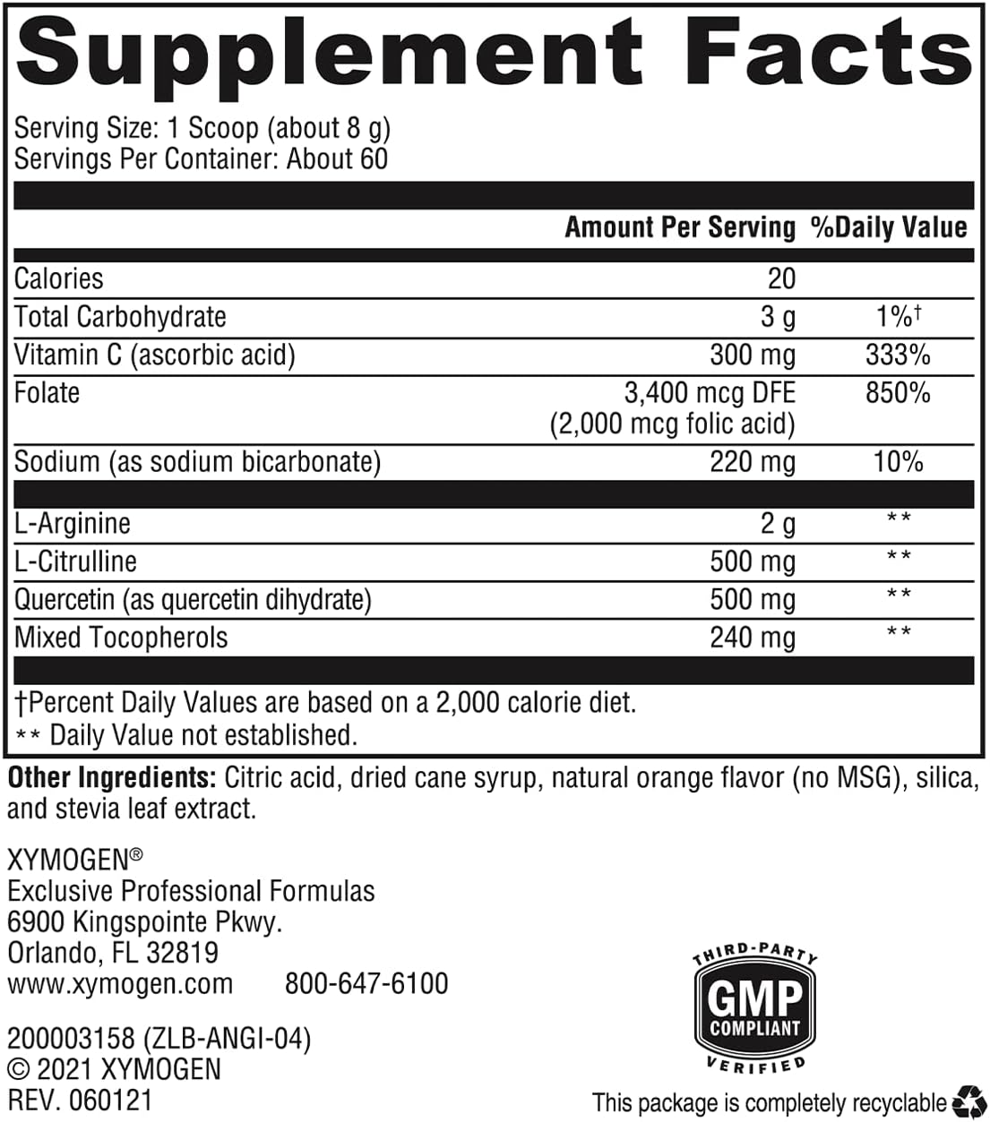 XYMOGEN AngiNOX - Nitric Oxide Support Powder for Athletic Performance - Orange Flavor (17 oz)