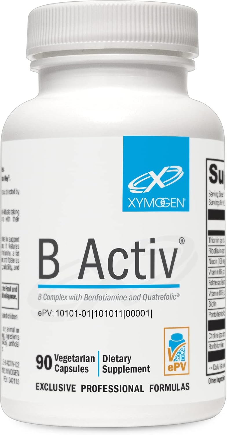 XYMOGEN B Activ Vitamin B Complex with Benfotiamine, Methylfolate, Biotin, Vitamin B6 - Energy & Mood Support Supplement (90 Capsules)