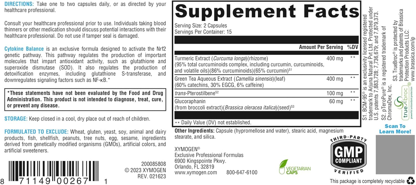 XYMOGEN Cytokine Balance Capsules - Antioxidant & Detox Support with Green Tea, Turmeric, Glucoraphanin - 30 Ct.