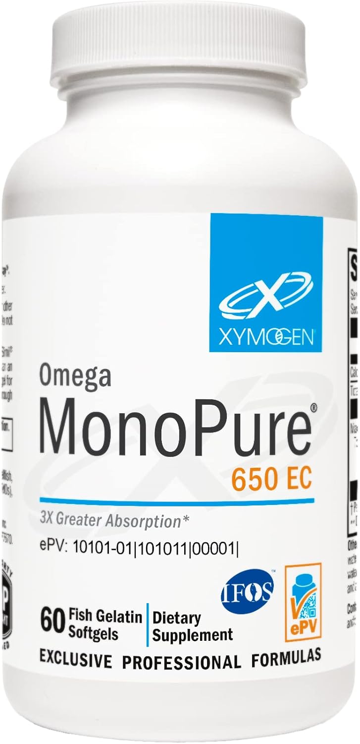 XYMOGEN Omega MonoPure 650 EC - Omega-3 Fish Oil Supplements with EPA, DHA & DPA - Smaller Softgels for Enhanced Absorption - Heart & Brain Health Support for Women & Men (60 Softgels)