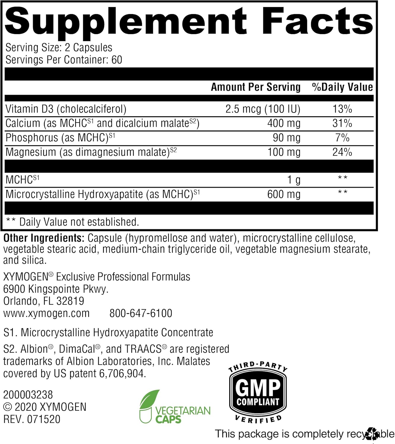 XYMOGEN Ossopan MD - Bone Strength & Health Support - Calcium Supplement with Microcrystalline Hydroxyapatite, Phosphorus, Vitamin D3, Magnesium Malate - 120 Capsules