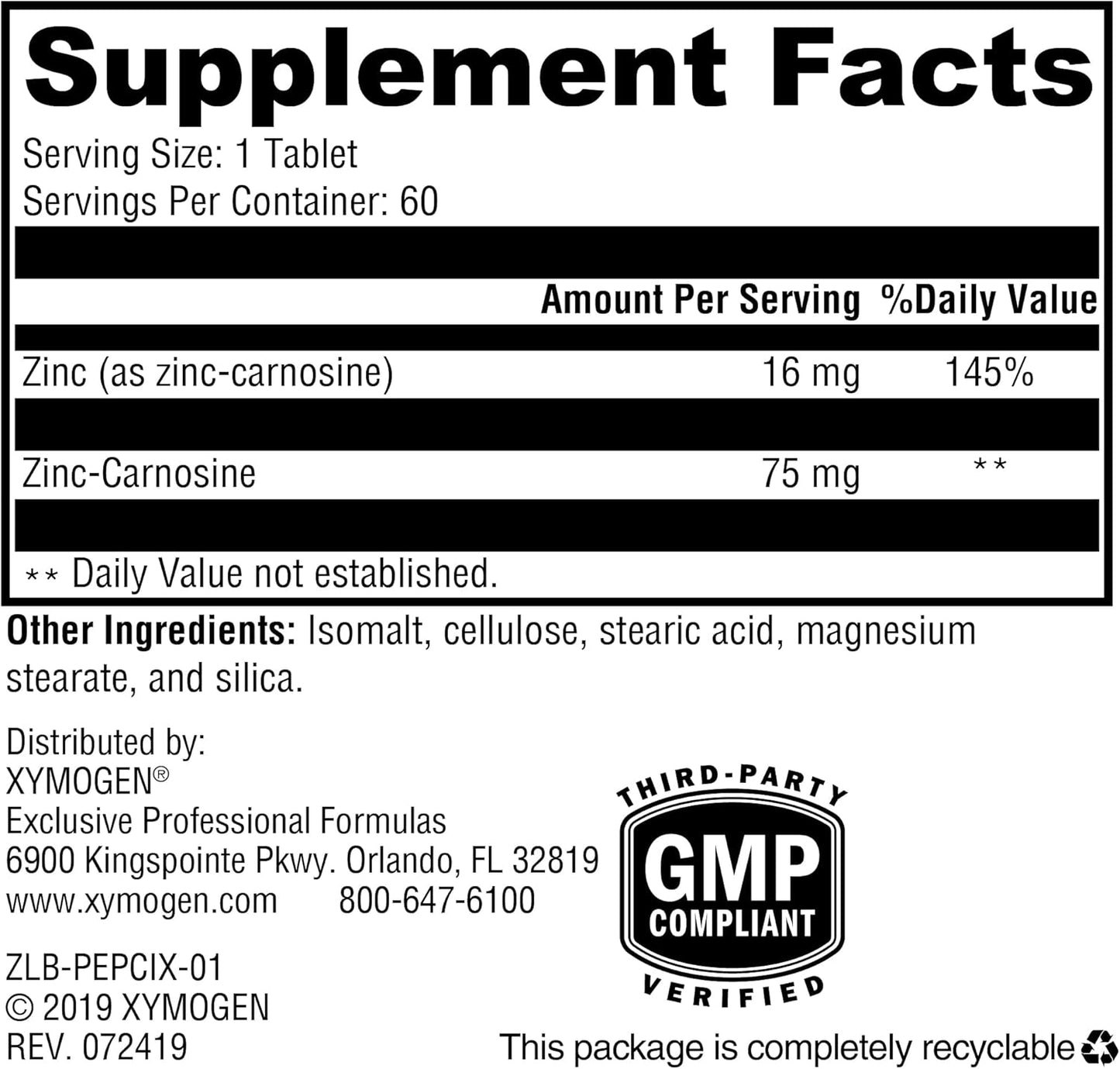 XYMOGEN PepciX - Zinc L Carnosine Supplement for Gut & Digestive Health - Acid Reflux Relief & Gut Support - 60 Tablets