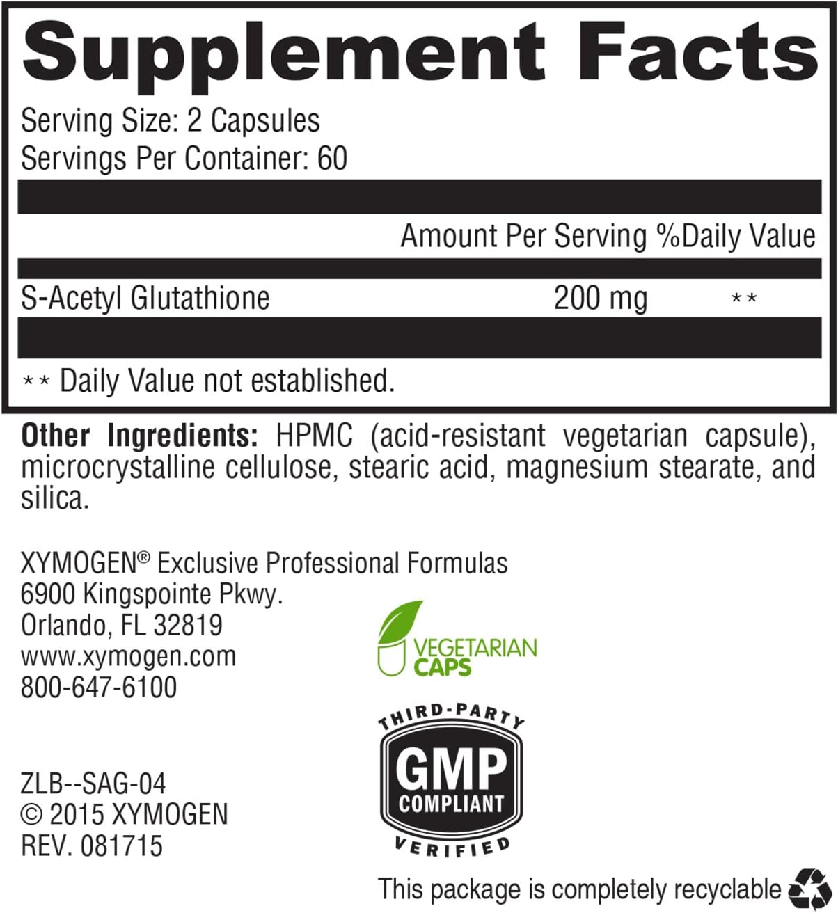 XYMOGEN S Acetyl Glutathione Supplement - Enhanced Absorption Formula for Healthy Aging, Cellular Health, and Immune Support - 120 Capsules
