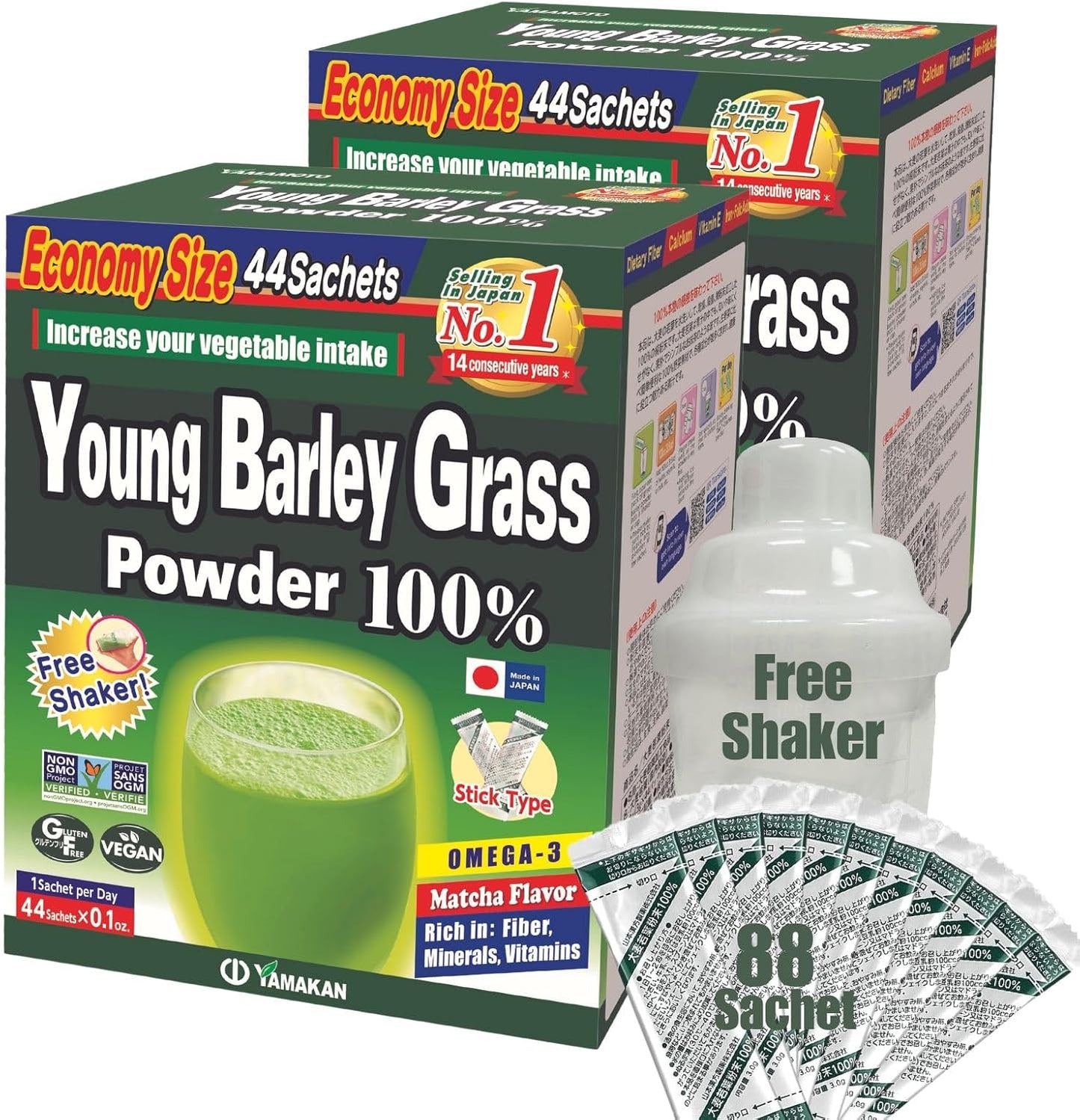 Yamamoto Kanpoh Young Barley Grass Powder with Kale - Japan's Green Superfood for Health & Vitality - 100% Gluten-Free & Vegan - Rich in Vitamins & Minerals - 88 Sachets