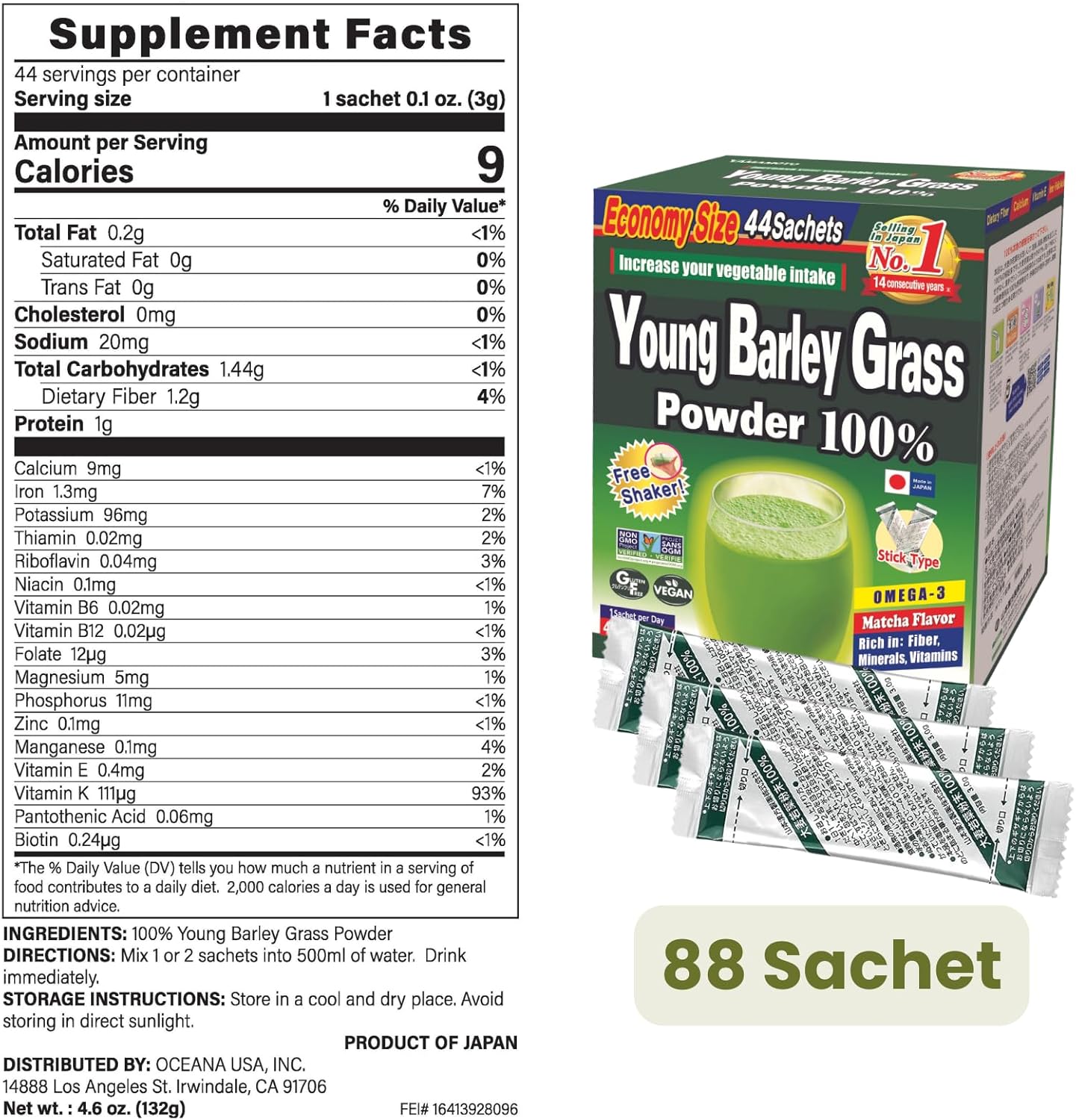 Yamamoto Kanpoh Young Barley Grass Powder with Kale - Japan's Green Superfood for Health & Vitality - 100% Gluten-Free & Vegan - Rich in Vitamins & Minerals - 88 Sachets