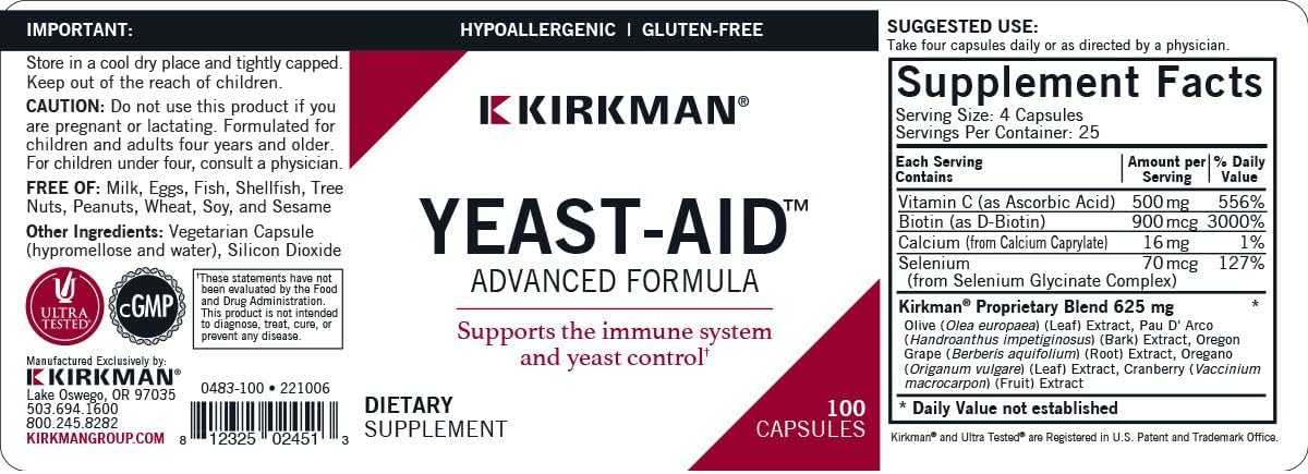 Yeast-Aid Advanced Formula by Kirkman | 100 Vegetarian Capsules for Gut Health