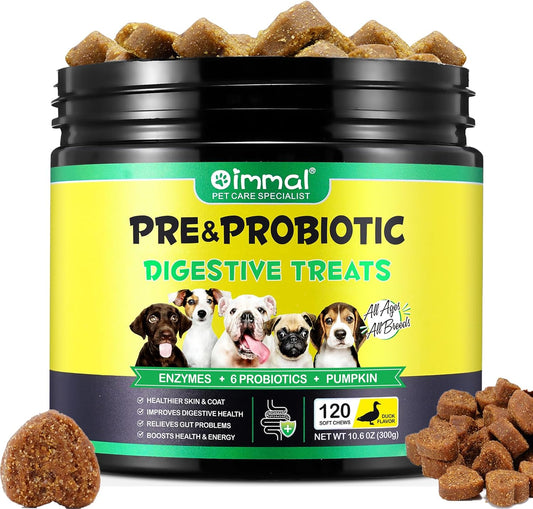 Yecuce Dog Probiotics with Digestive Enzymes and Gut Health Support - 120 Soft Chews, Perking Duck Flavor for Itchy Skin, Allergies, and Immune System Balance