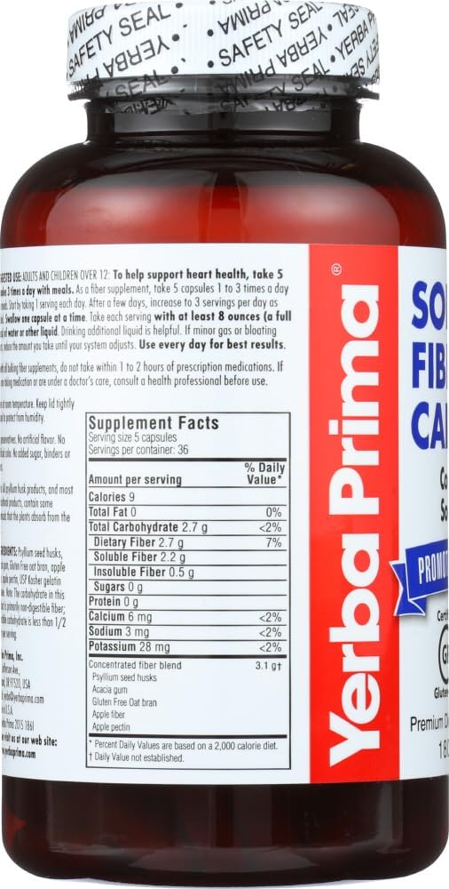 Yerba Prima 180-Count Soluble Fiber Capsules - Natural Non-GMO Dietary Supplement for Gut Health