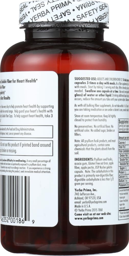 Yerba Prima 180-Count Soluble Fiber Capsules - Natural Non-GMO Dietary Supplement for Gut Health