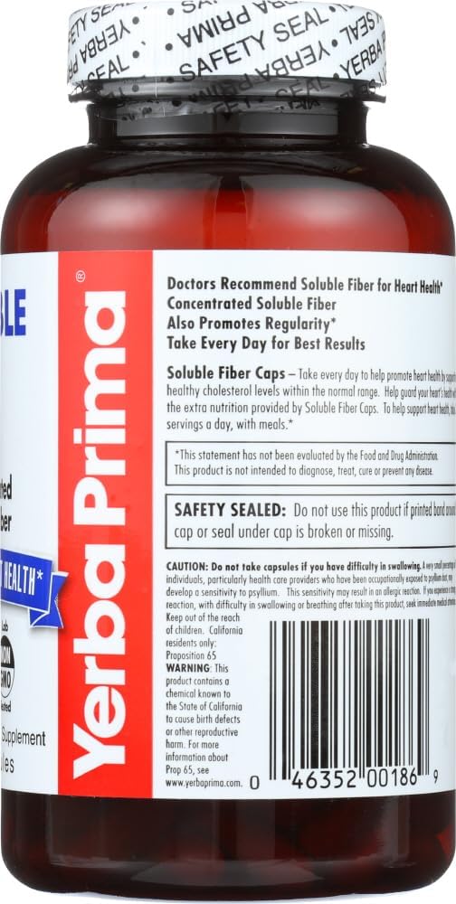 Yerba Prima 180-Count Soluble Fiber Capsules - Natural Non-GMO Dietary Supplement for Gut Health