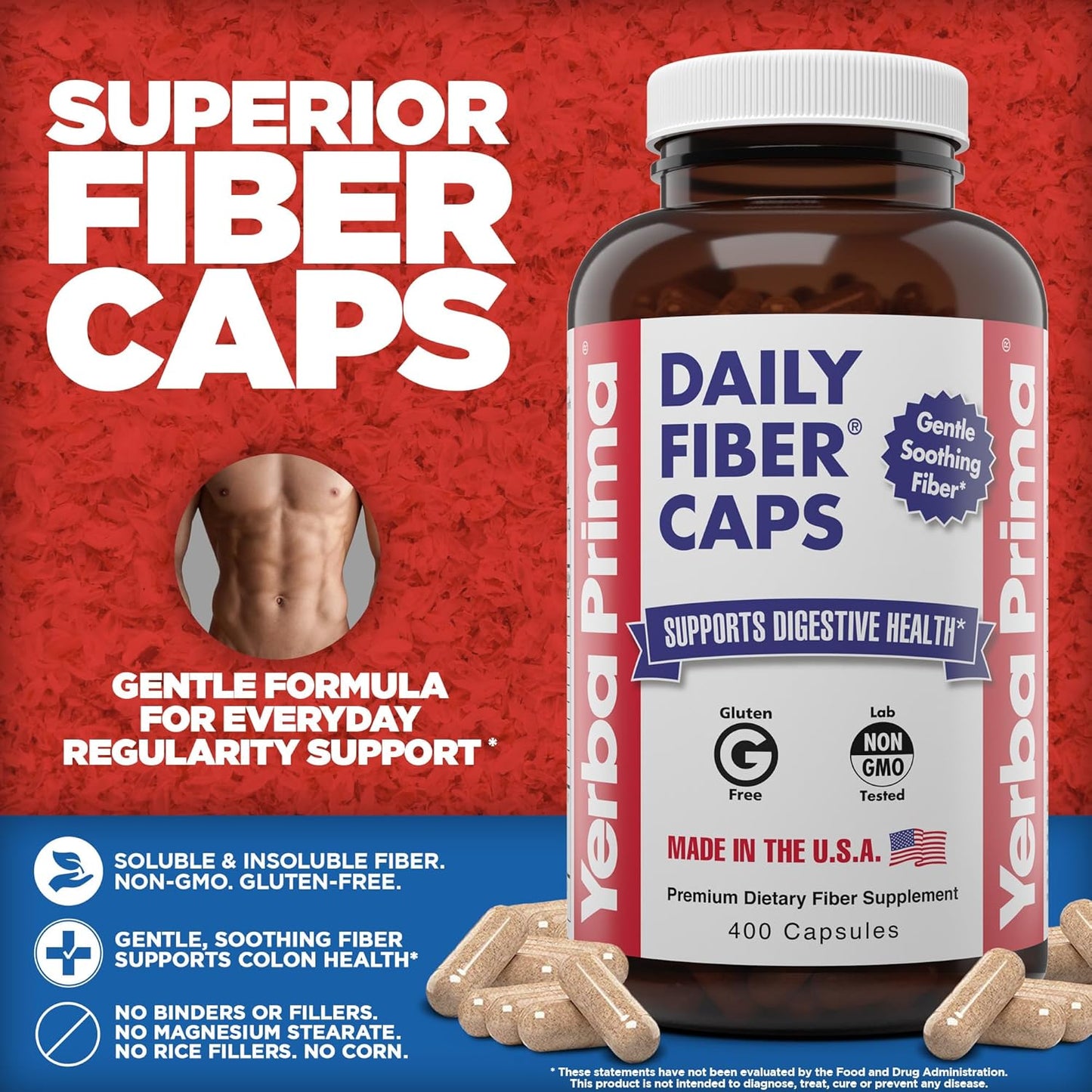 Yerba Prima Daily Fiber Caps Formula 800 Capsules - Psyllium Seed Husks, Acacia Gum, Apple Fiber Supplement Pack