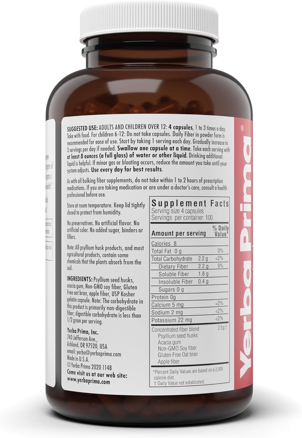 Yerba Prima Daily Fiber Caps Formula 800 Capsules - Psyllium Seed Husks, Acacia Gum, Apple Fiber Supplement Pack