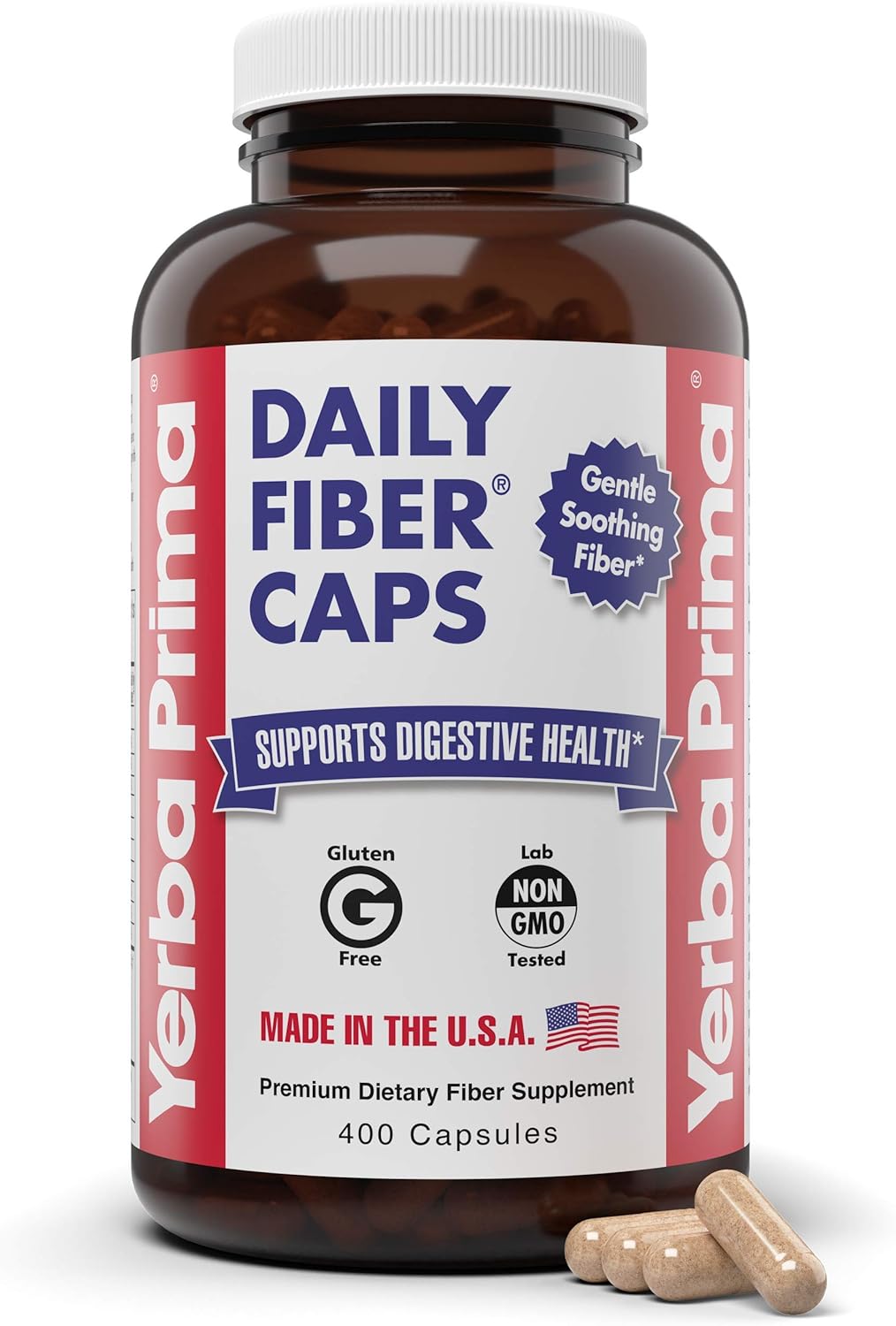 Yerba Prima Daily Fiber Capsules - 400 Caps - Soluble & Insoluble - Psyllium Seed Husks, Acacia Gum, Apple Fiber - Dietary Supplement