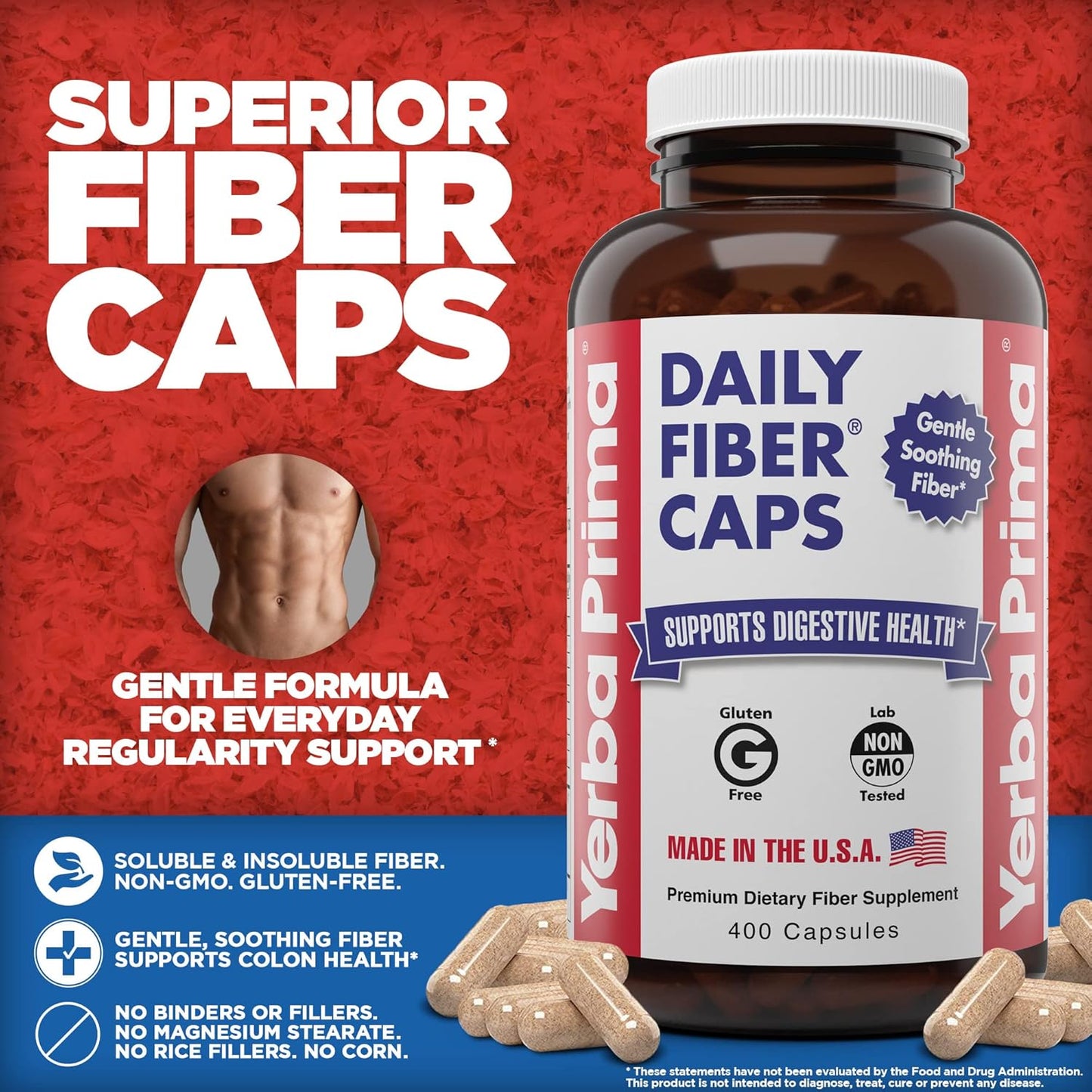 Yerba Prima Daily Fiber Capsules - 400 Caps - Soluble & Insoluble - Psyllium Seed Husks, Acacia Gum, Apple Fiber - Dietary Supplement