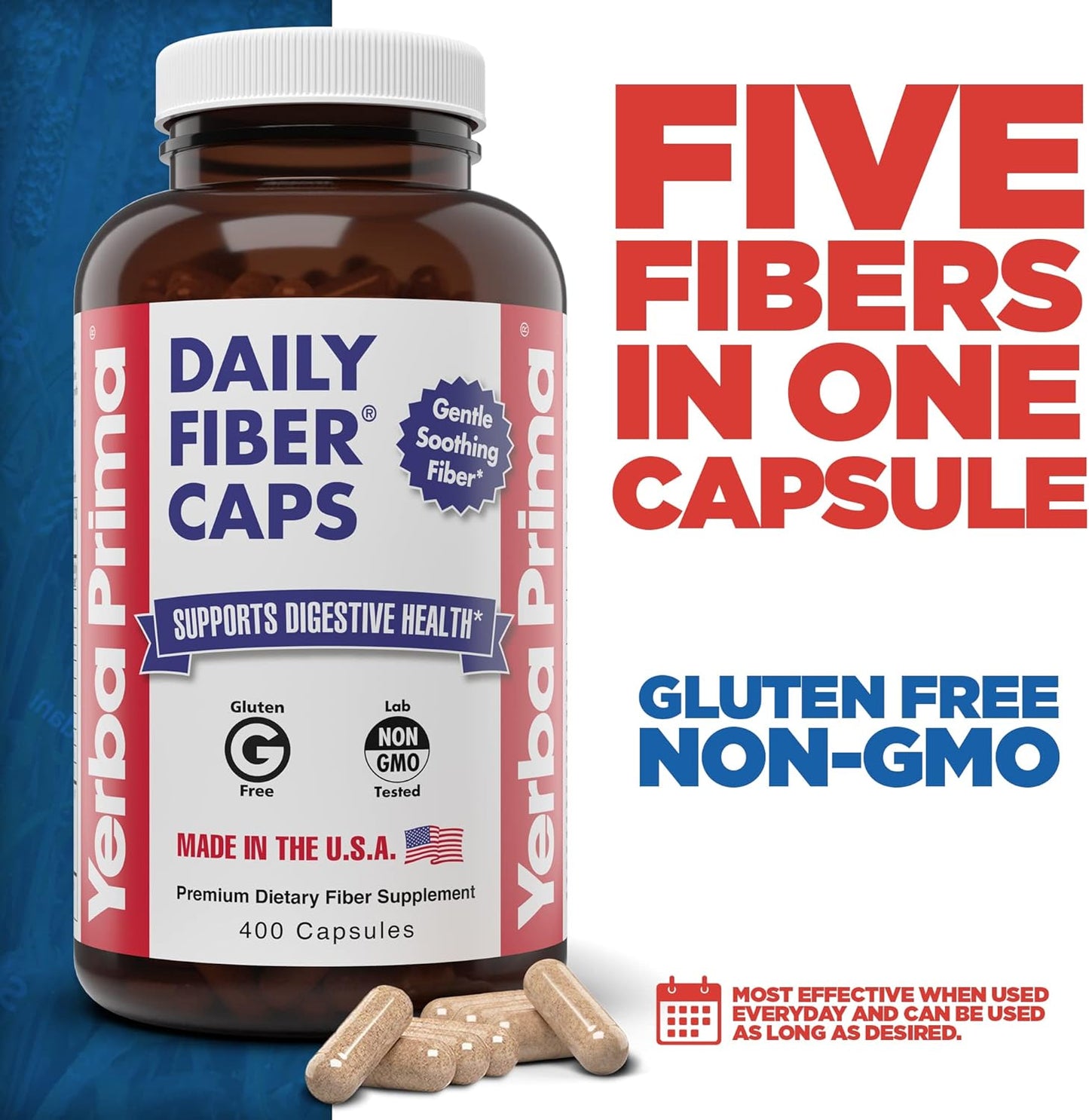 Yerba Prima Daily Fiber Capsules - 400 Caps - Soluble & Insoluble - Psyllium Seed Husks, Acacia Gum, Apple Fiber - Dietary Supplement