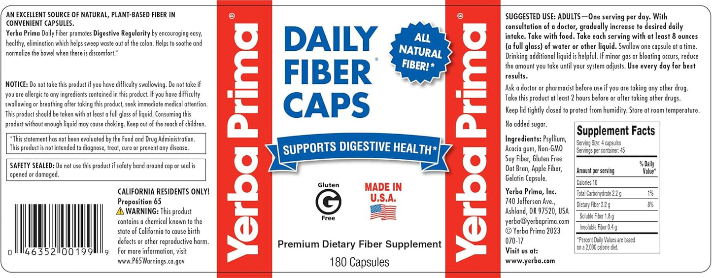 Yerba Prima Daily Fiber Formula - 360 Capsules, Soluble & Insoluble Fiber, Colon Cleanse, Gut Health, Vegan, Non-GMO, Gluten-Free