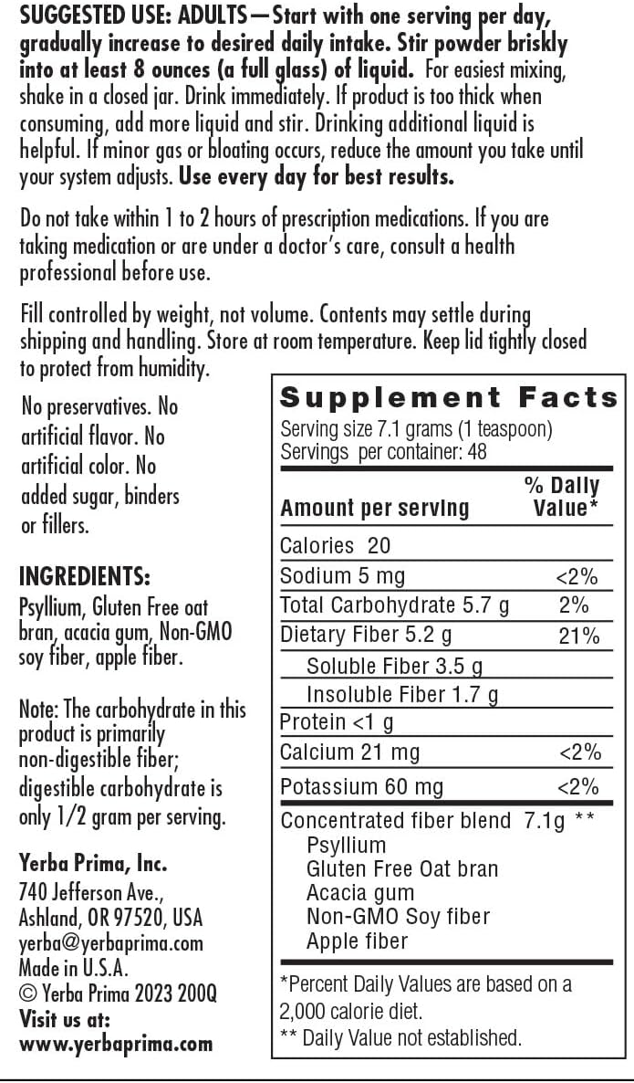 Yerba Prima Daily Fiber Formula Powder - 12 oz - Vegan Digestive Support Supplement with Soluble & Insoluble Fiber - Non-GMO & Gluten-Free