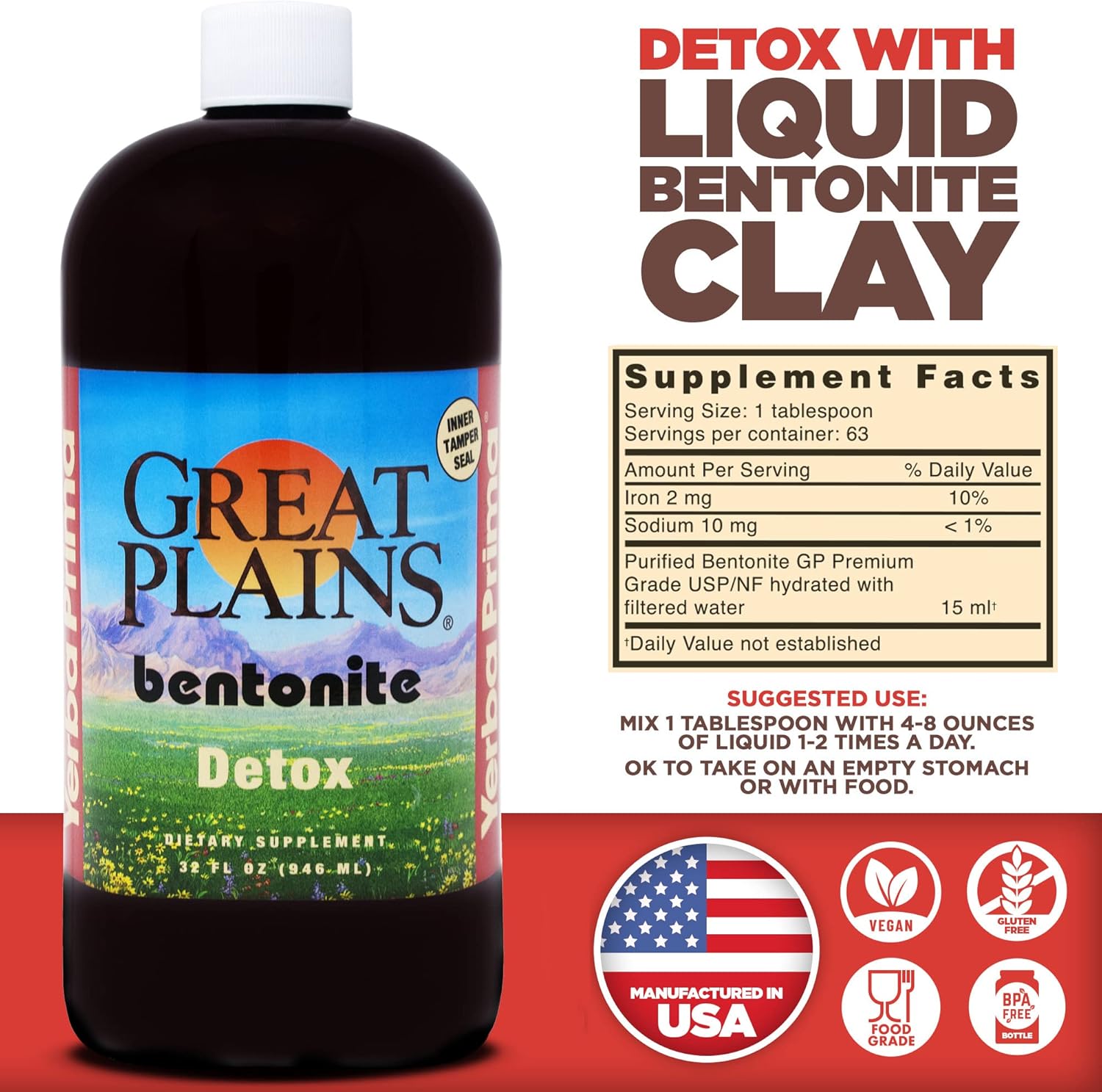 Yerba Prima Great Plains Bentonite Liquid Clay Cleanse Supplement - 64 oz (2 Pack)