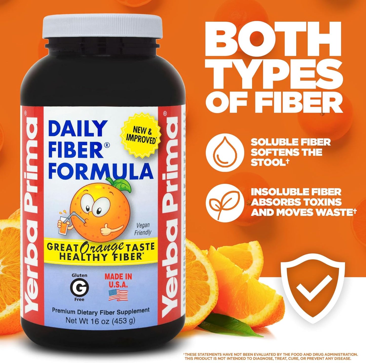 Yerba Prima Orange Daily Fiber Formula 1lb - Non-GMO, Gluten Free, USA Made, Delicious Natural Orange Flavor