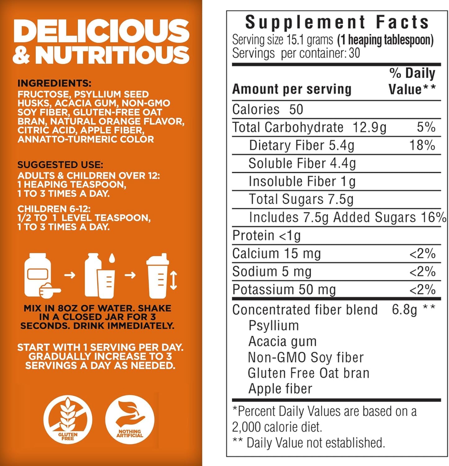 Yerba Prima Orange Daily Fiber Formula 1lb - Non-GMO, Gluten Free, USA Made, Delicious Natural Orange Flavor
