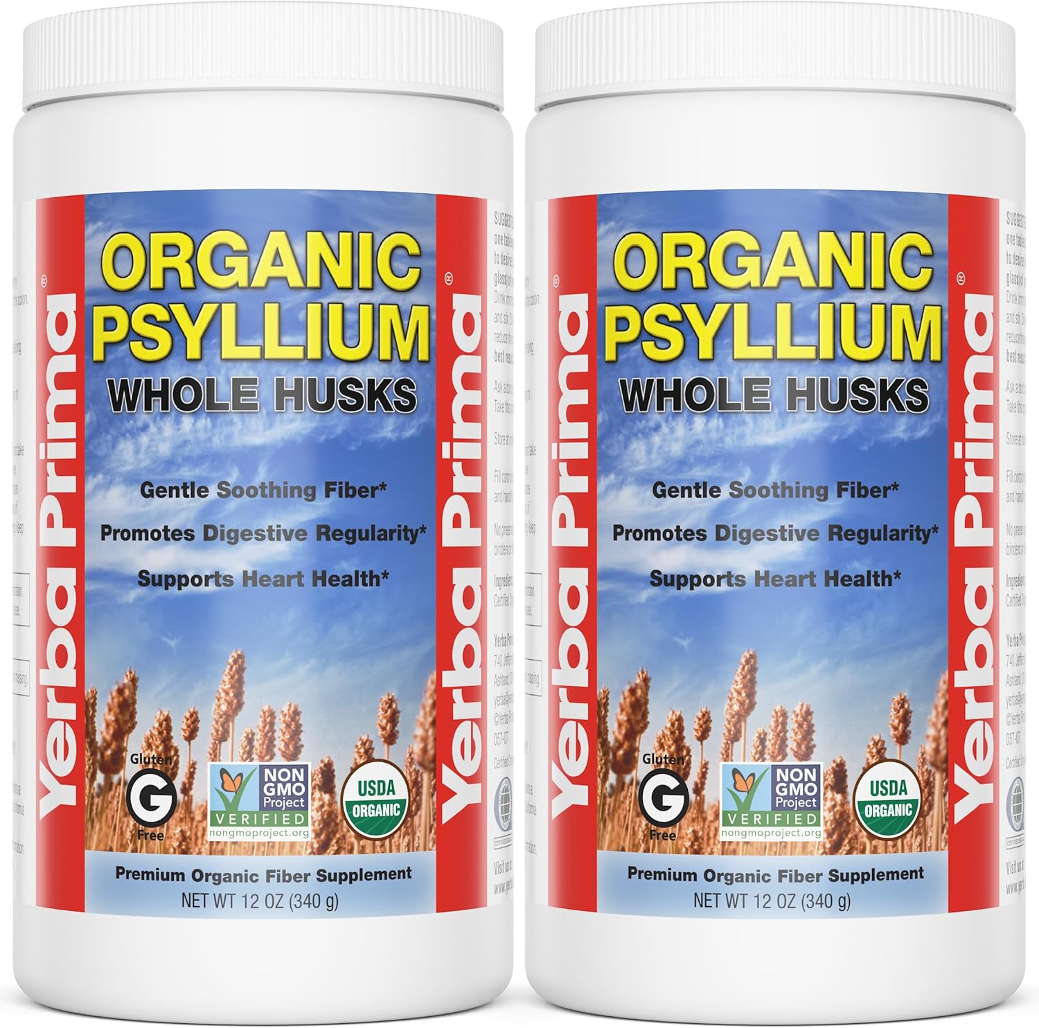Yerba Prima Organic Psyllium Whole Husks - 12 oz (Pack of 2) - Natural Fiber Supplement for Gut Health, Regularity - Non GMO, Gluten Free, Keto and Vegan Friendly