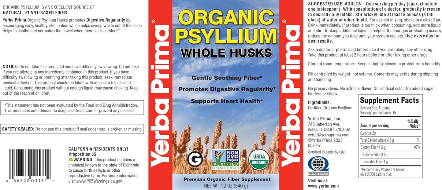 Yerba Prima Organic Psyllium Whole Husks - 12 oz (Pack of 2) - Natural Fiber Supplement for Gut Health, Regularity - Non GMO, Gluten Free, Keto and Vegan Friendly