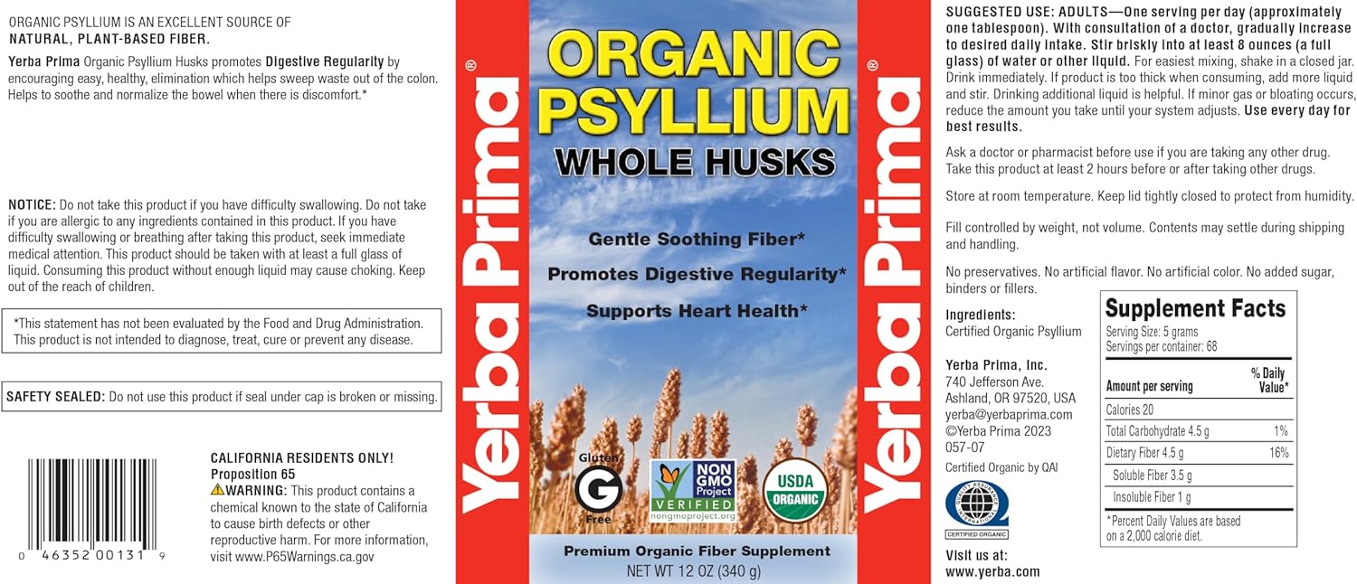 Yerba Prima Organic Psyllium Whole Husks - 12 oz (Pack of 2) - Natural Fiber Supplement for Gut Health, Regularity - Non GMO, Gluten Free, Keto and Vegan Friendly