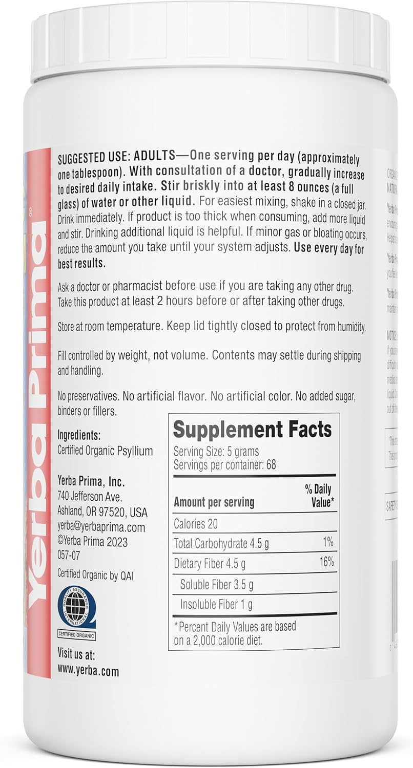 Yerba Prima Organic Psyllium Whole Husks - 12 oz (Pack of 2) - Natural Fiber Supplement for Gut Health, Regularity - Non GMO, Gluten Free, Keto and Vegan Friendly