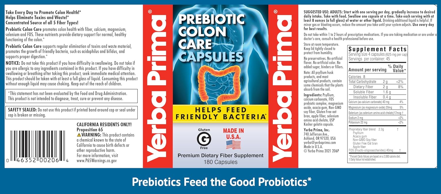 Yerba Prima Prebiotic Colon Care Capsules - Non-GMO, Keto Friendly (2 Pack, 180 Capsules)